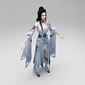 Elegant Traditional Woman In Blue And White Costume With Flowing Sleeves And Intricate Floral Patterns