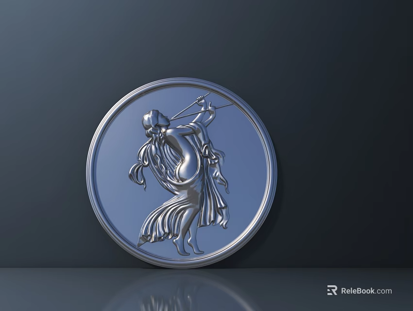 Intricate Metal Carving with Ornate Details of Traditional Figure on Circular Plaque 3d model 