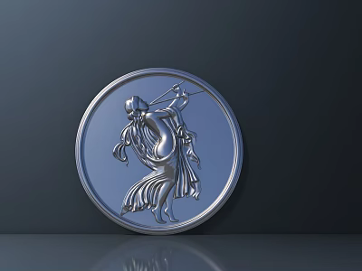 Intricate Metal Carving with Ornate Details of Traditional Figure on Circular Plaque 3d model