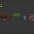 Rustic Wooden Scene Components With Chest Table Stool And Barrel