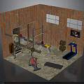 Gym Interior With Red Brick Walls Windows Barbell Dumbbells Treadmill And Yoga Mat