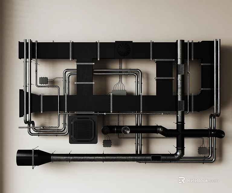 Black And Silver Metal Pipes Arranged On Wall With Various Connections And Fittings 3d model 