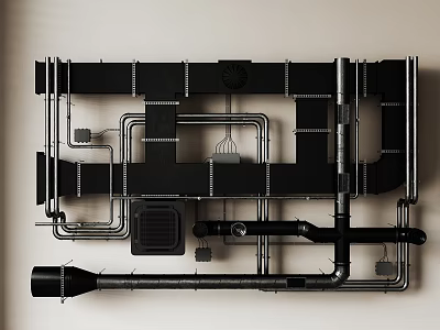 Black And Silver Metal Pipes Arranged On Wall With Various Connections And Fittings 3d model