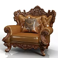 Classic Leather Single Sofa With Ornate Carved Details And Patterned Pillow