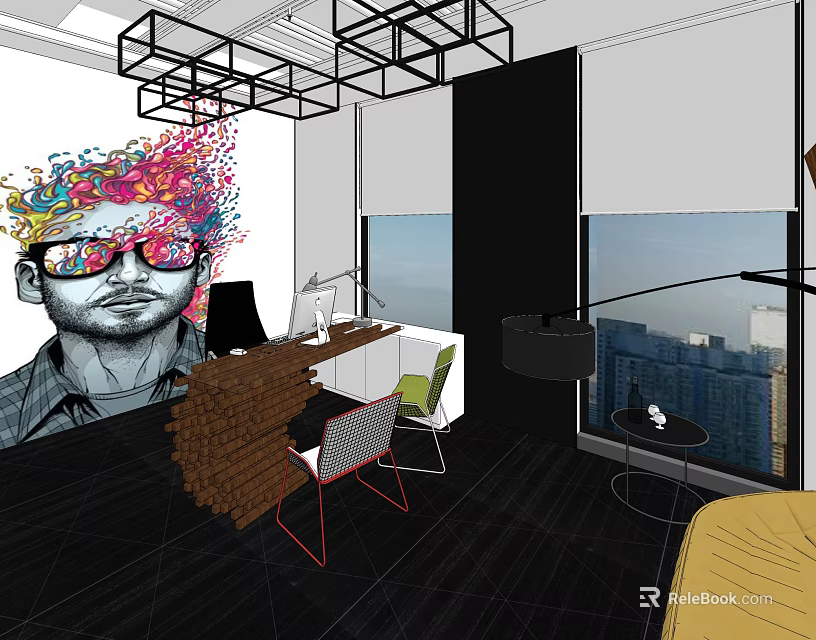 Modern Hotel Public Lounge Area With Colorful Art Graffiti City View And Geometric Ceiling Lights 3d model 