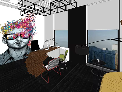 Modern Hotel Public Lounge Area With Colorful Art Graffiti City View And Geometric Ceiling Lights 3d model