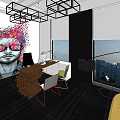 Modern Hotel Public Lounge Area With Colorful Art Graffiti City View And Geometric Ceiling Lights