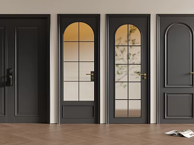 Modern Dark Swing Doors With Glass Panels And Brass Handles In Interior 3d model