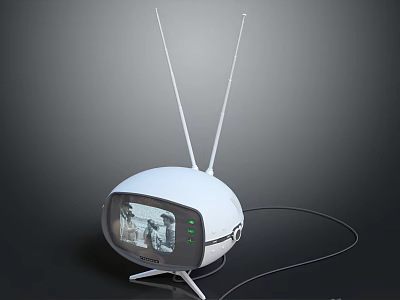 Vintage White TV with Dual Antennas Screen Showing Picture Green Indicator Lights and Attached Cable 3d model