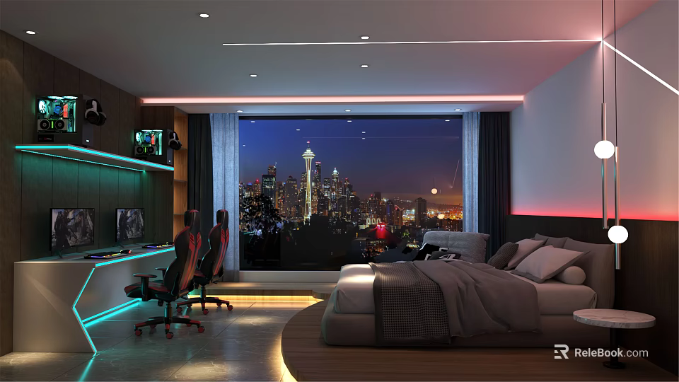 Modern Hotel Room With King Bed City Night View Floor to Ceiling Windows Gaming Setup 3d model 