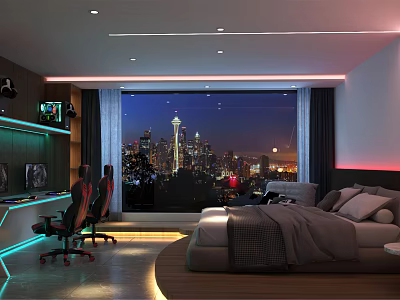 Modern Hotel Room With King Bed City Night View Floor to Ceiling Windows Gaming Setup 3d model