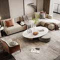 Elegant Modern Beige Sofa With Pillows And Round Coffee Table Set In Cozy Living Room