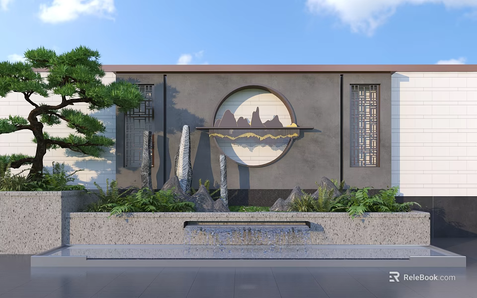 Chinese Style Scenic Wall With Circular Mountain Pattern Pine Tree And Water Feature 3d model 