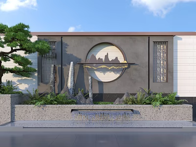 Chinese Style Scenic Wall With Circular Mountain Pattern Pine Tree And Water Feature 3d model