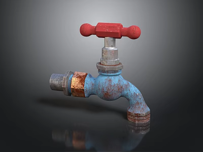 Rusty Blue Faucet With Red Handle As Vintage Household Item For Daily Use 3d model