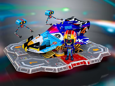 Futuristic Colorful Racing Car With Robots Driver On Tech Platform 3d model