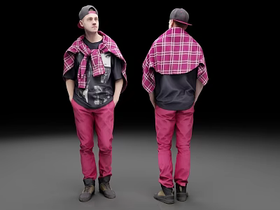 Male Figure Wearing Red Plaid Scarf Black T-shirt Pink Pants And Cap Front Back Views 3d model