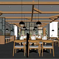 Cozy Modern Restaurant Interior With Wooden Ceiling Pendant Lights Green Cushioned Seats And Decorative Paintings