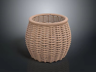 Light Brown Round Woven Basket Showcasing Intricate Texture On Dark Surface 3d model