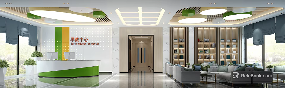 Modern Kindergarten Lobby Interior With Reception Desk Bookshelves Seating Area And Lighting 3d model 