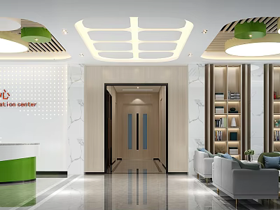 Modern Kindergarten Lobby Interior With Reception Desk Bookshelves Seating Area And Lighting 3d model