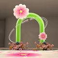 Decorative Floral Installation With Green Frame And Pink Elements In Multi Level Exhibition Space