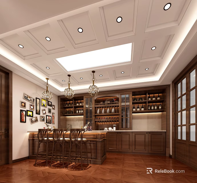 Basement Interior With Wooden Wine Cabinet Bar Counter Chandeliers And Decorative Paintings 3d model 