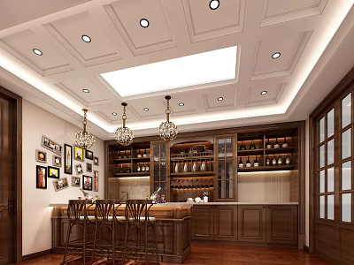 Basement Interior With Wooden Wine Cabinet Bar Counter Chandeliers And Decorative Paintings 3d model