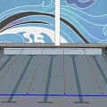 Indoor Swimming Pool with Modern Interior Blue Mural White Ceiling Lane Dividers and Swimmers