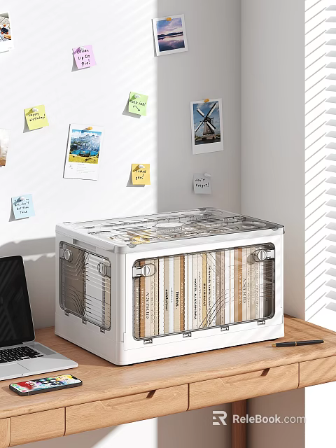 Clear Lid Storage Cabinet With Books Inside Next To Desk Wall Sticky Notes And 3d model 