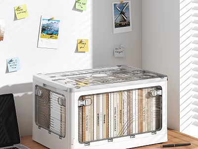 Clear Lid Storage Cabinet With Books Inside Next To Desk Wall Sticky Notes And 3d model