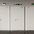 Fire Safety Equipment Setup Featuring White Doors Green Exit Signs And Red Cabinet