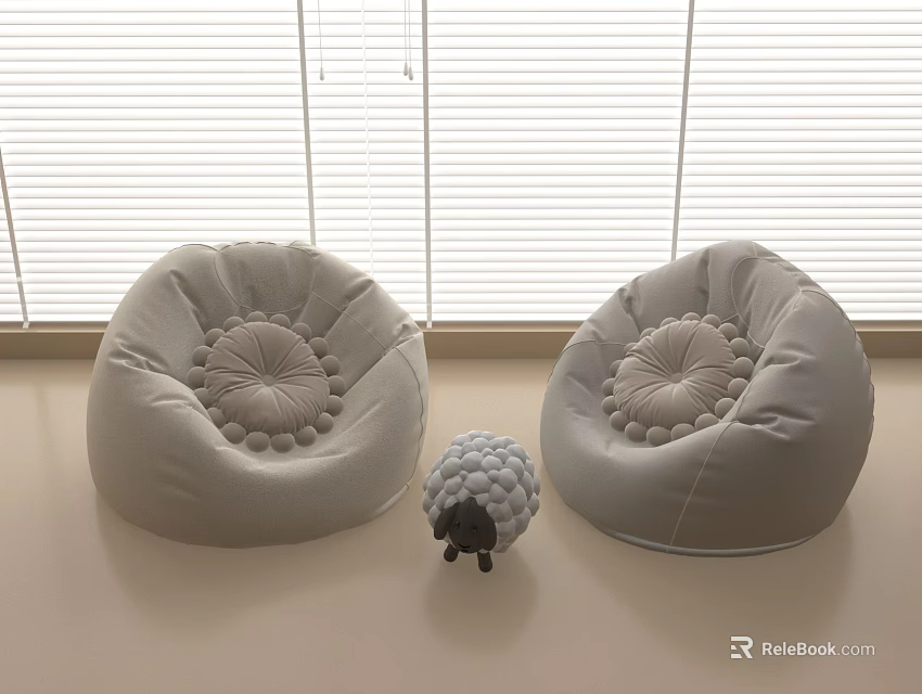 Two Light Gray Bean Bag Chairs With Decorative Center And Small Sheep Toy 3d model 