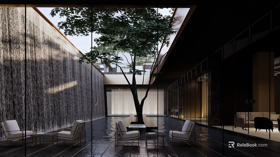 Modern Garden Landscape Design with Waterfall Wall Large Tree Seating Area and Glass Structure 3d model 