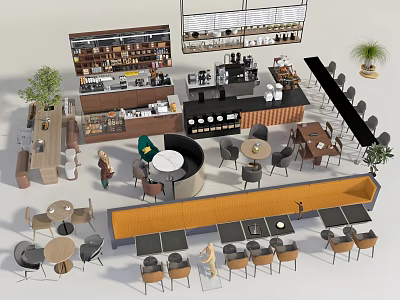 Modern Bar Counter With Coffee Equipment Seating And Green Plants In Café Interior 3d model