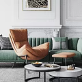 Green Leather Sofa and Black Round Coffee Table Set with Decorative Art and Arched Windows
