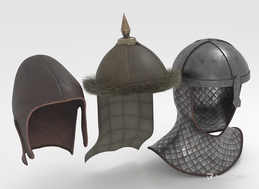 Medieval Warrior Helmets In Leather And Metal With Fur Trim And Grid Designs 3d model 