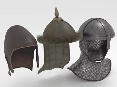 Medieval Warrior Helmets In Leather And Metal With Fur Trim And Grid Designs 3d model