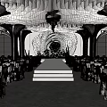 Elegant Banquet Hall With Curved White Ceiling Chandeliers And White Seats