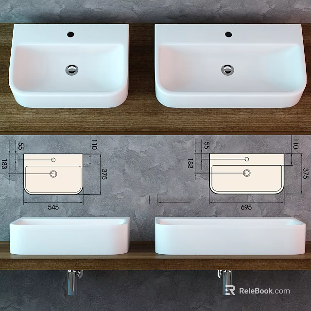 Modern White Ceramic Bathroom Sinks With Detailed Dimension Technical Drawings 3d model 