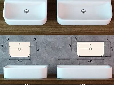 Modern White Ceramic Bathroom Sinks With Detailed Dimension Technical Drawings 3d model