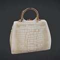 Elegant White Crocodile Texture Handbag With Golden Metal Handle And Chain Design