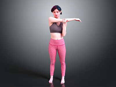 Woman Stretching Arms In Gray Sports Bra And Pink Leggings On Gray Background 3d model