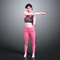 Woman Stretching Arms In Gray Sports Bra And Pink Leggings On Gray Background