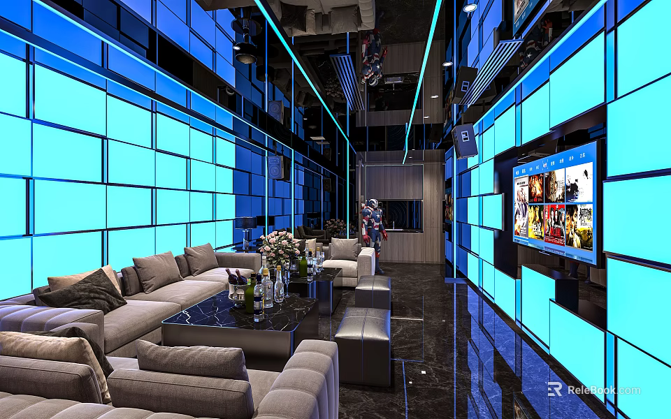 Luxury KTV Room Interior With Blue Lighting Comfortable Sofas And Large Screen TV 3d model