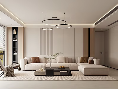 Modern Living Room Interior With Beige Sofa Circular Pendant Lights Coffee Table And Bookshelf 3d model