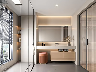 Modern Bathroom Interior Design With Glass Shower Large Mirror Wooden Vanity And Round Stool 3d model