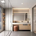 Modern Bathroom Interior Design With Glass Shower Large Mirror Wooden Vanity And Round Stool