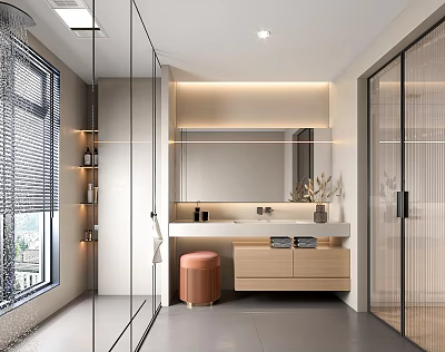 Modern Bathroom Interior Design With Glass Shower Large Mirror Wooden Vanity And Round Stool 3d model