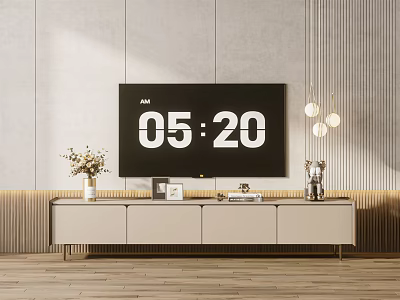 Modern TV Stand with TV Vase Photo Frame and Decorative Items on Wooden Floor 3d model